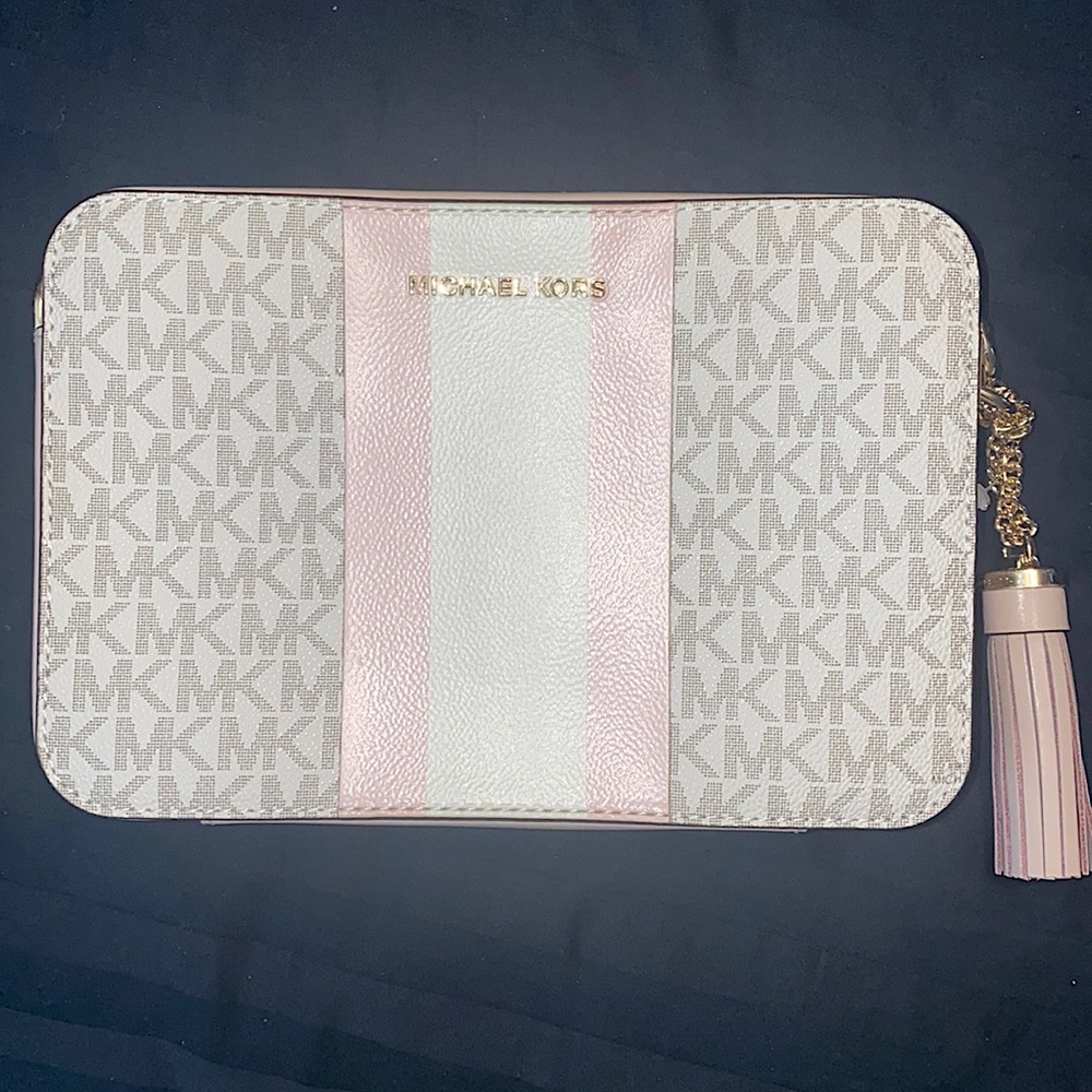 Michael Kors Ginny Medium Logo Stripe Crossbody Bag - Pink & White
